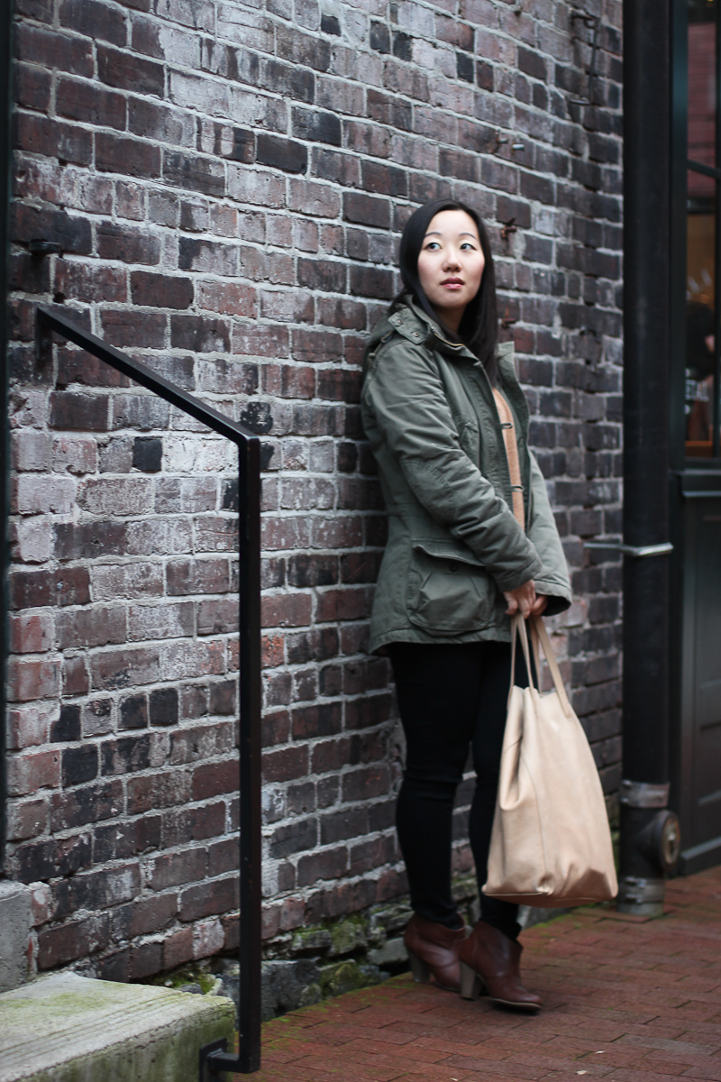 military green parka H&M Aritzia leather tote bag