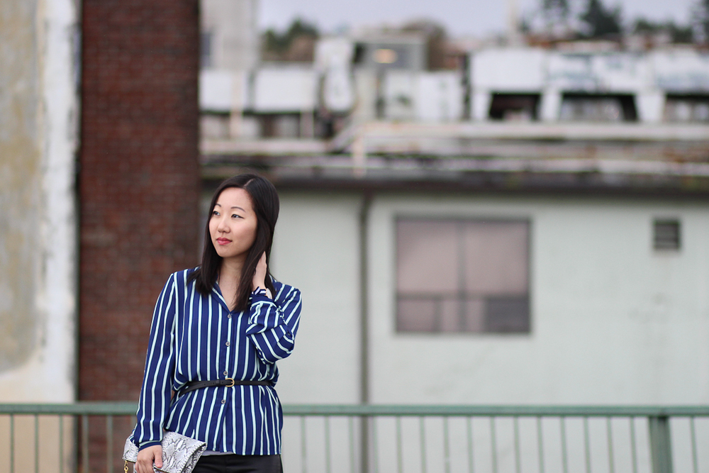 Fashion blog striped shirt snakeskin clutch Blair Ritchey