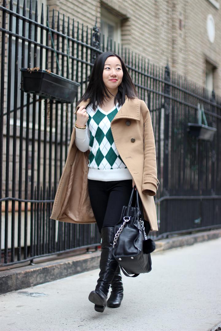 Tommy Hilfiger argyle sweater with Michael Kors Hamilton tote and Bromley boots