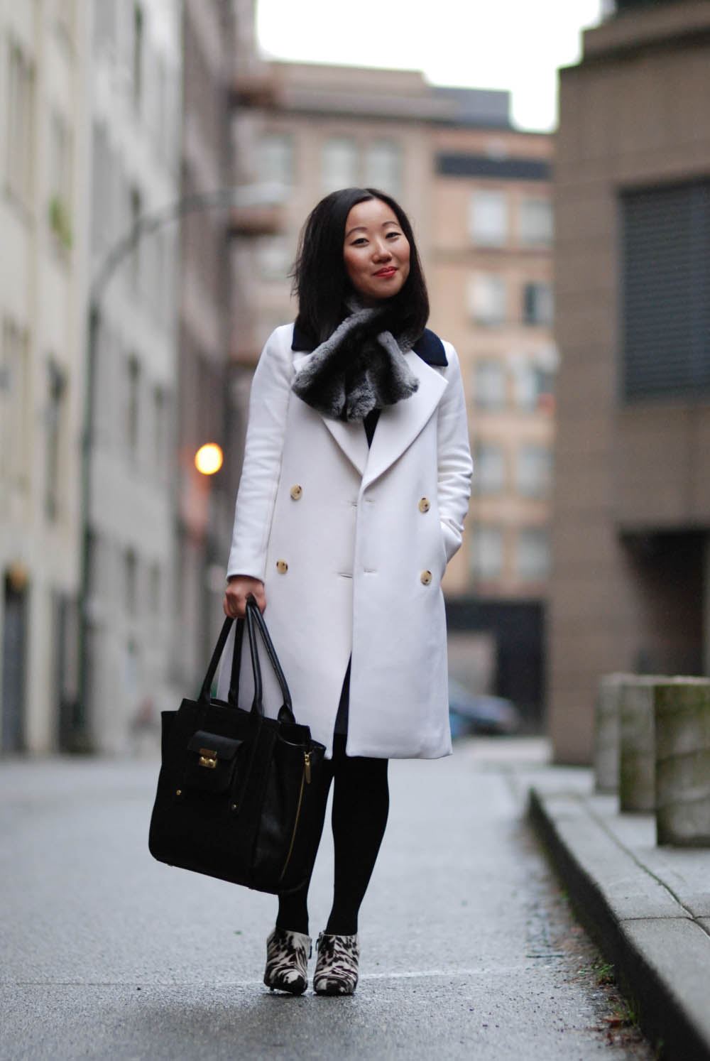 Wear to work - J. Crew topcoat with Theory leather and wool dress