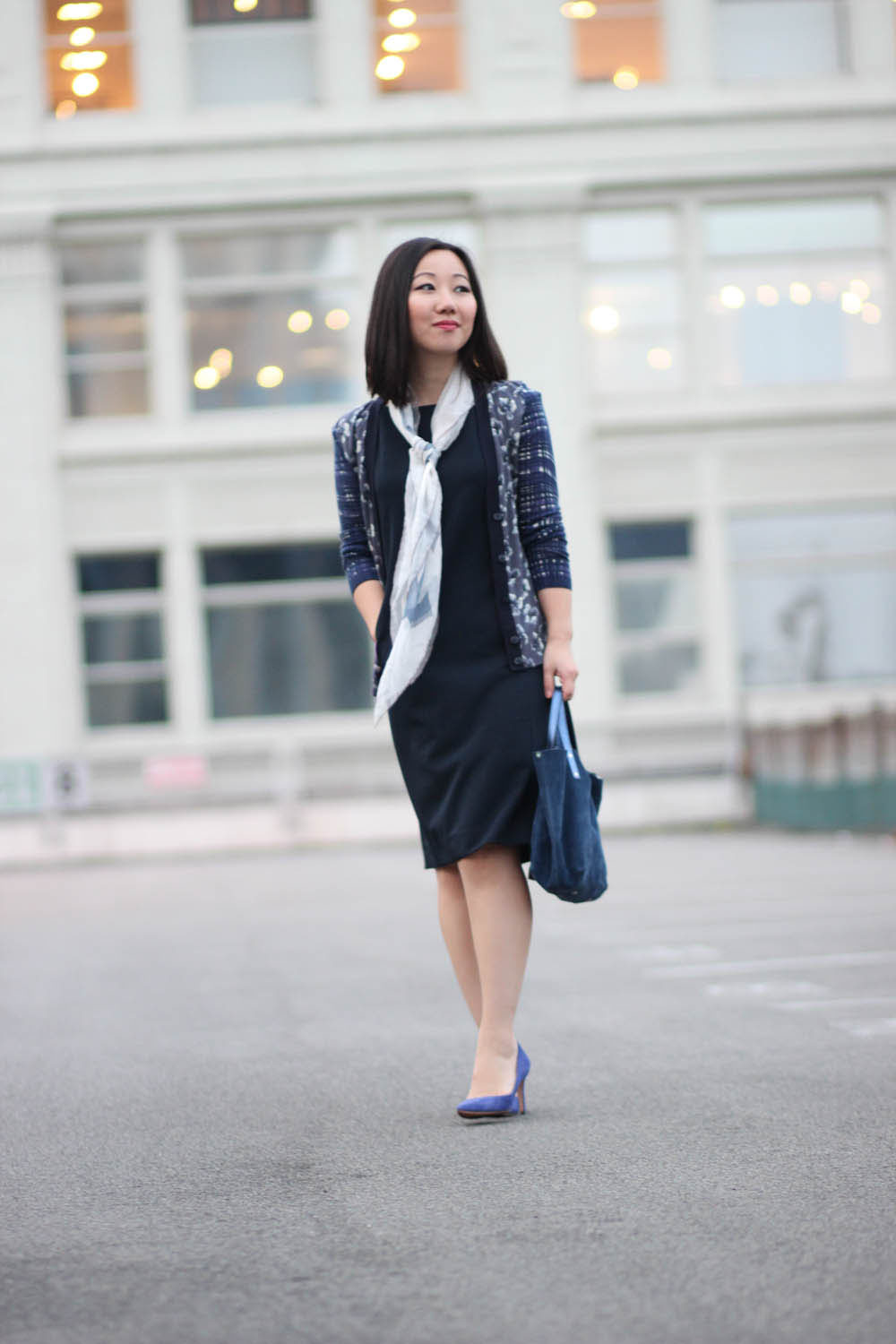 MM LAFLEUR Navy Sarah 2.0 Dress | J. CREW EVERLY suede pumps | TIFFANY & CO Reversible Tote | CHANEL scarf | TORY BURCH cardigan | Vancouver Style Blog | WORKWEAR