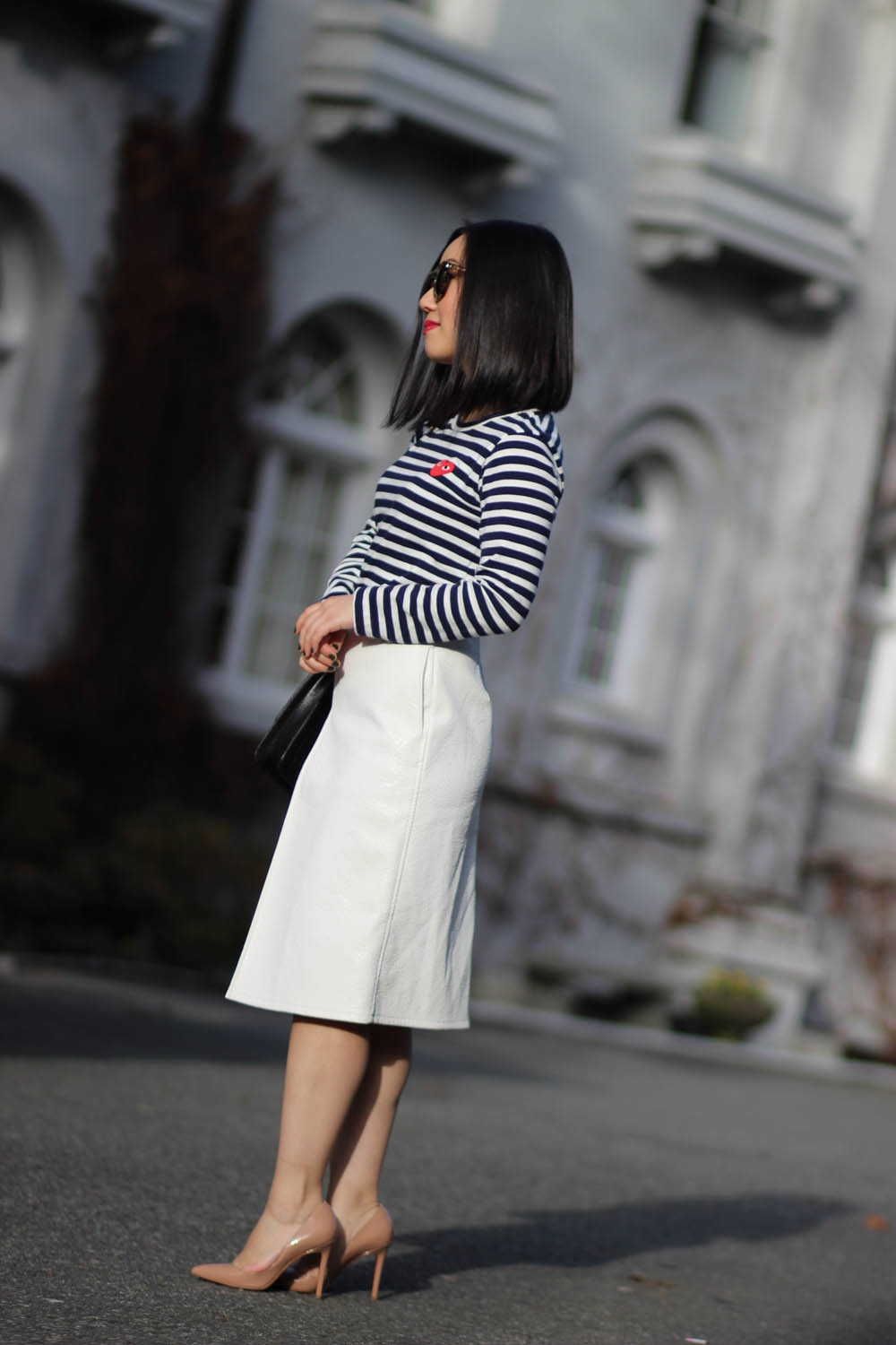 Jenny Liu, Vancouver Fashion Blogger | PLAY COMME DES GARCONS stripe tee | ASOS leather look A-line skirt | BENAH Tara Chain Bag in Croc | KAREN WALKER Super Duper sunglasses | CHRISTIAN LOUBOUTIN Pigalle pumps 