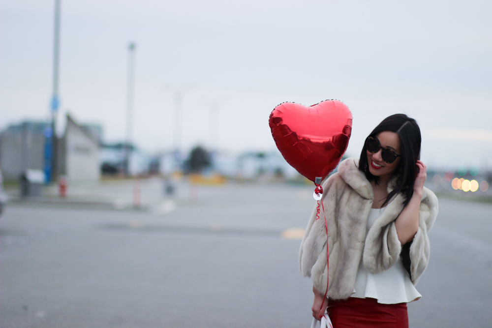 Jenny Liu | Vancouver style blogger | Valentine's Day red look | Anthropologie peplum top | Vintage fur | Danier leather skirt
