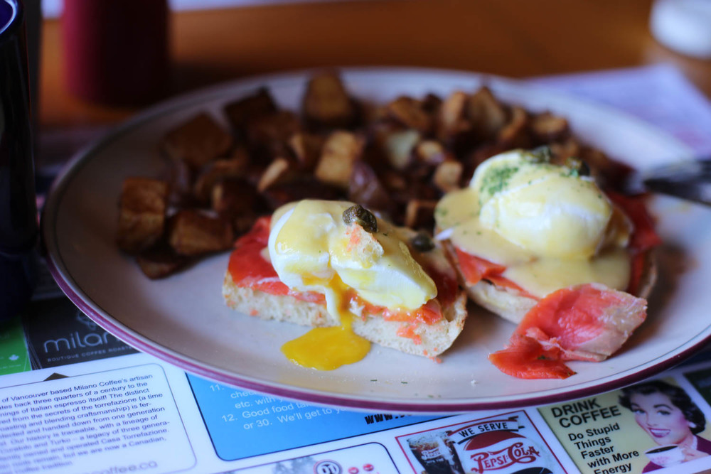 Smoked salmon Eggs Benedict at Southside Diner in Whistler. 