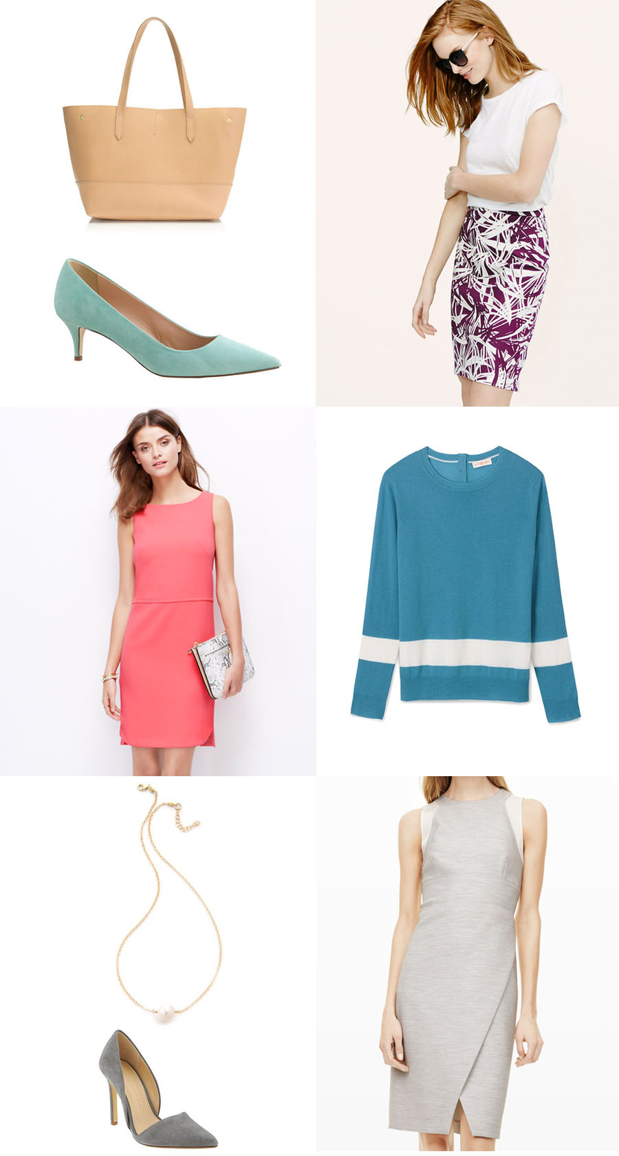 First Row: tote bag, suede kitten heels, palm splashed pencil skirt Second Row: rounded-hem shift dress, cashmere sweater   Third Row: pearl necklace, d'orsay pump, sheath dress with wrap skirt