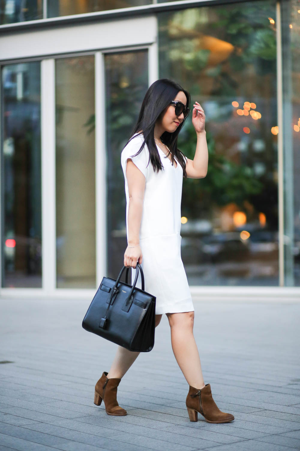 Vancouver Style Blogger Jenny Liu. Outfit: Vince dress, Cole Haan ankle boots, Saint Laurent sac de jour bag, and Celine sunglasses