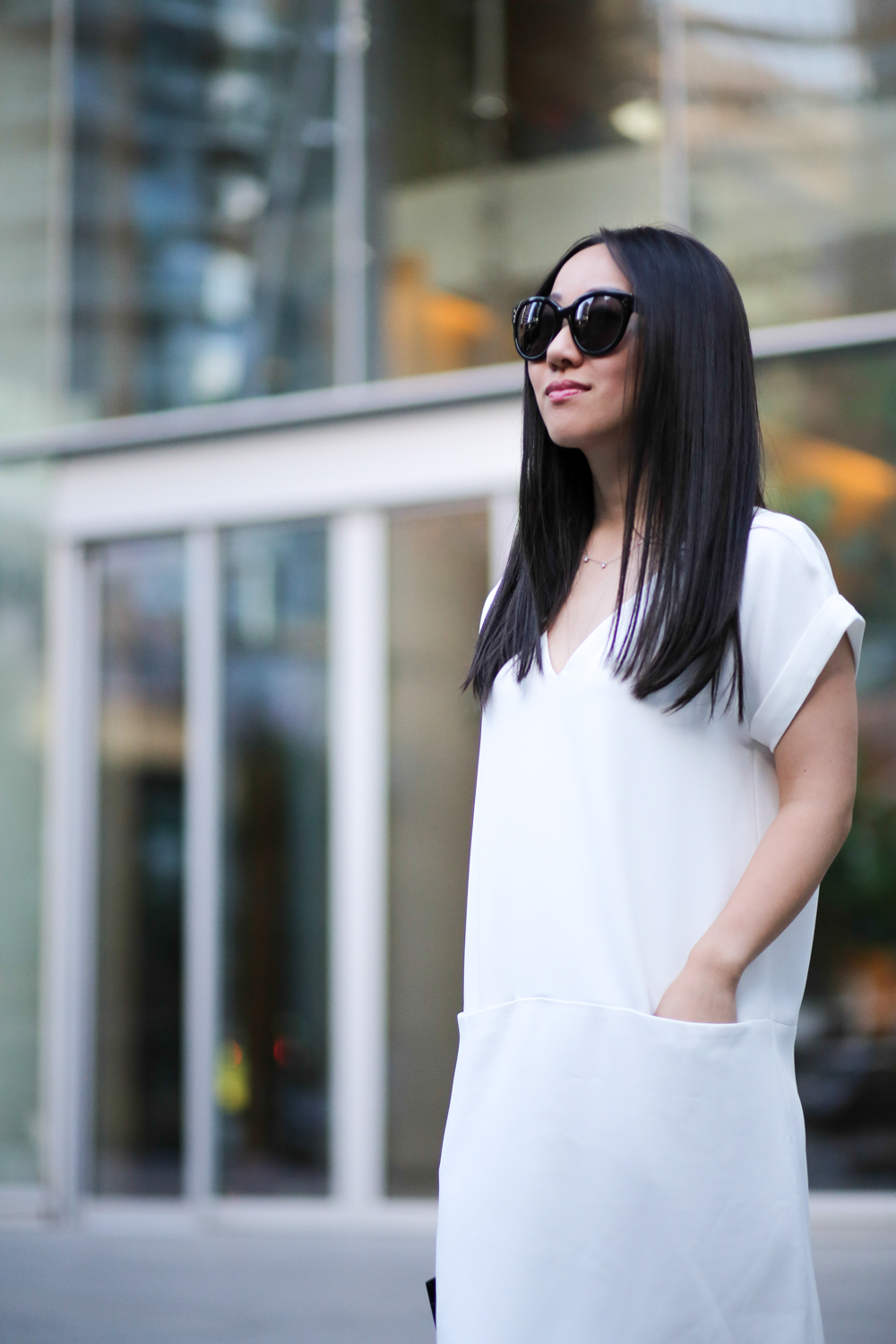 Vancouver Style Blogger Jenny Liu. Outfit: Vince dress and Celine sunglasses