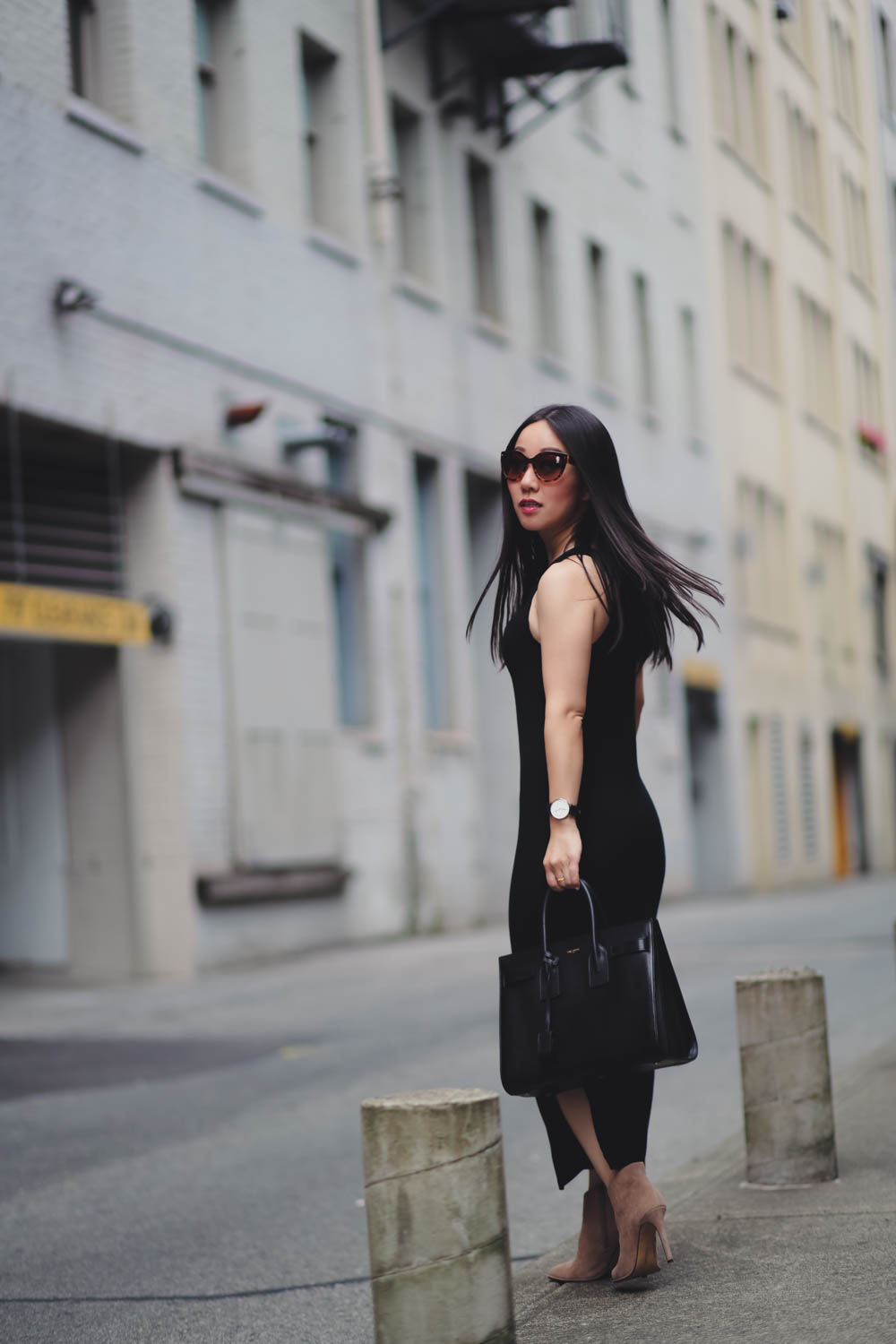 Jenny Liu, Vancouver Fashion Blogger. Wearing Vince Camuto Suede Booties, Saint Laurent Sac De Jour tote, and a Stem dress.