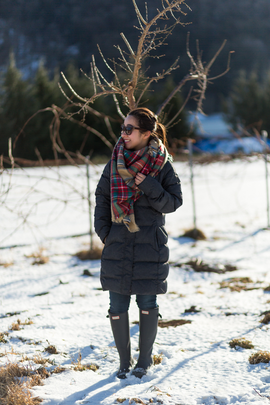 winter outfit Roots jacket Hunter boots