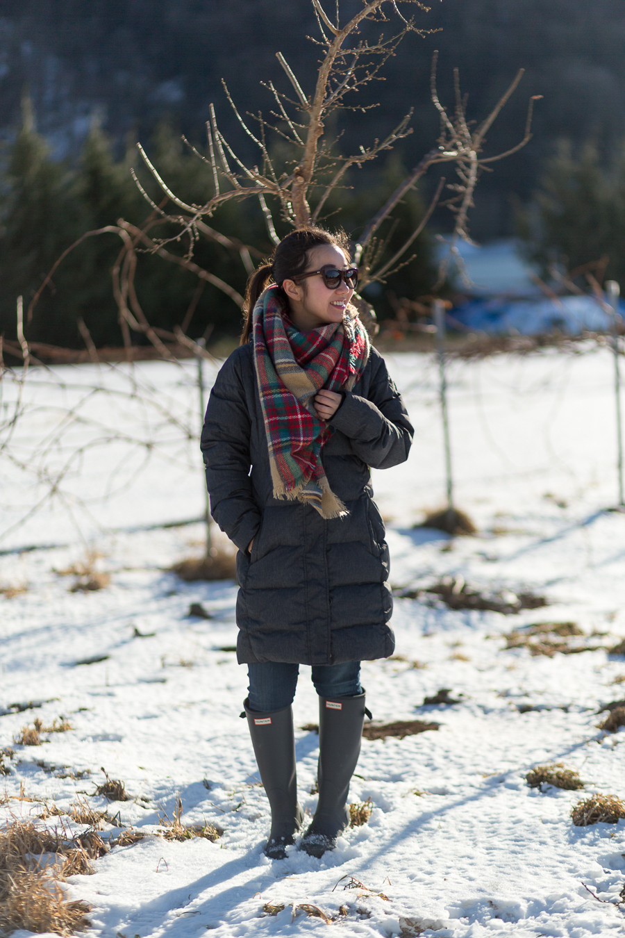 blanket scarf roots parka hunter boots winter outfit