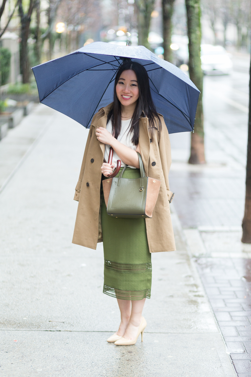 corporate outfit pencil skirt trench coat