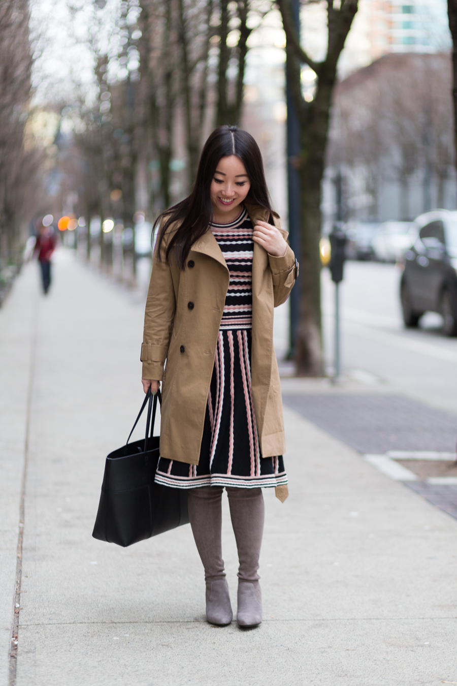 trench coat kate spade sweater dress OTK suede boots