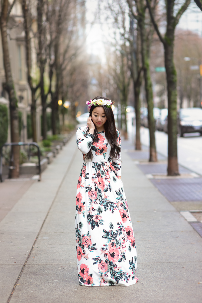Floral maxi dress with flower crown 