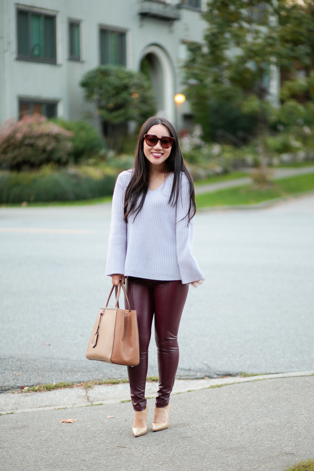 fall outfit burgundy faux leather leggings