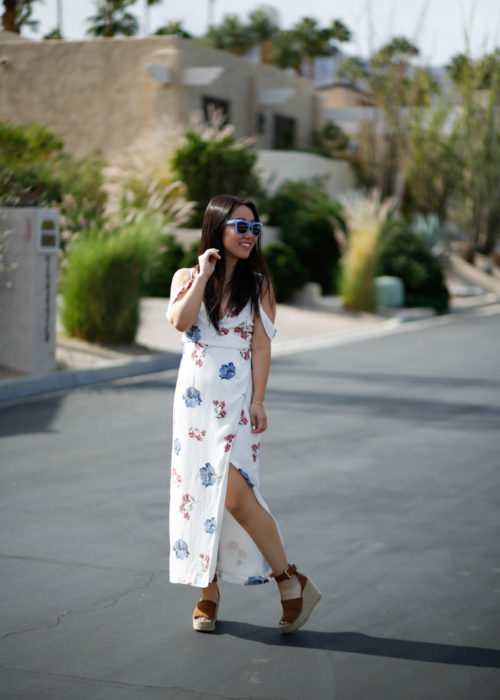 Floral cold-shoulder wrap dress in Palm Desert