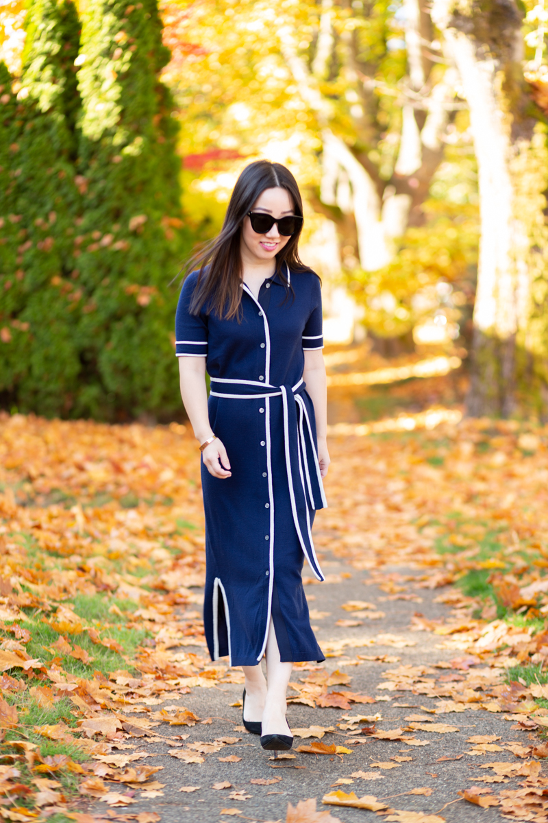 Outfit of J.Crew navy merino wool dress with contrast piping