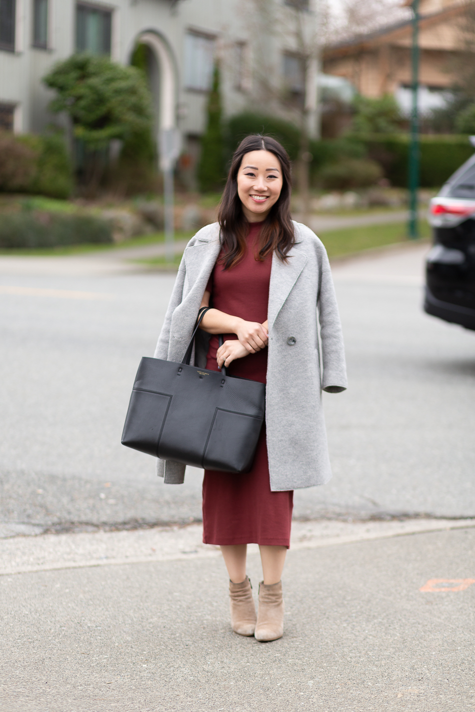 Canadian blogger grey coat cotton dress